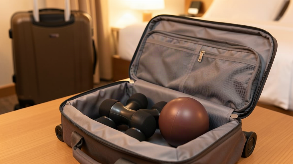 compact portable foot massager packed in a travel bag beside a suitcase