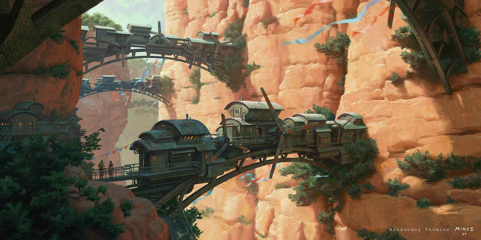 Painting showing a valley with bridges with houses built on top with large turbines at the rear.