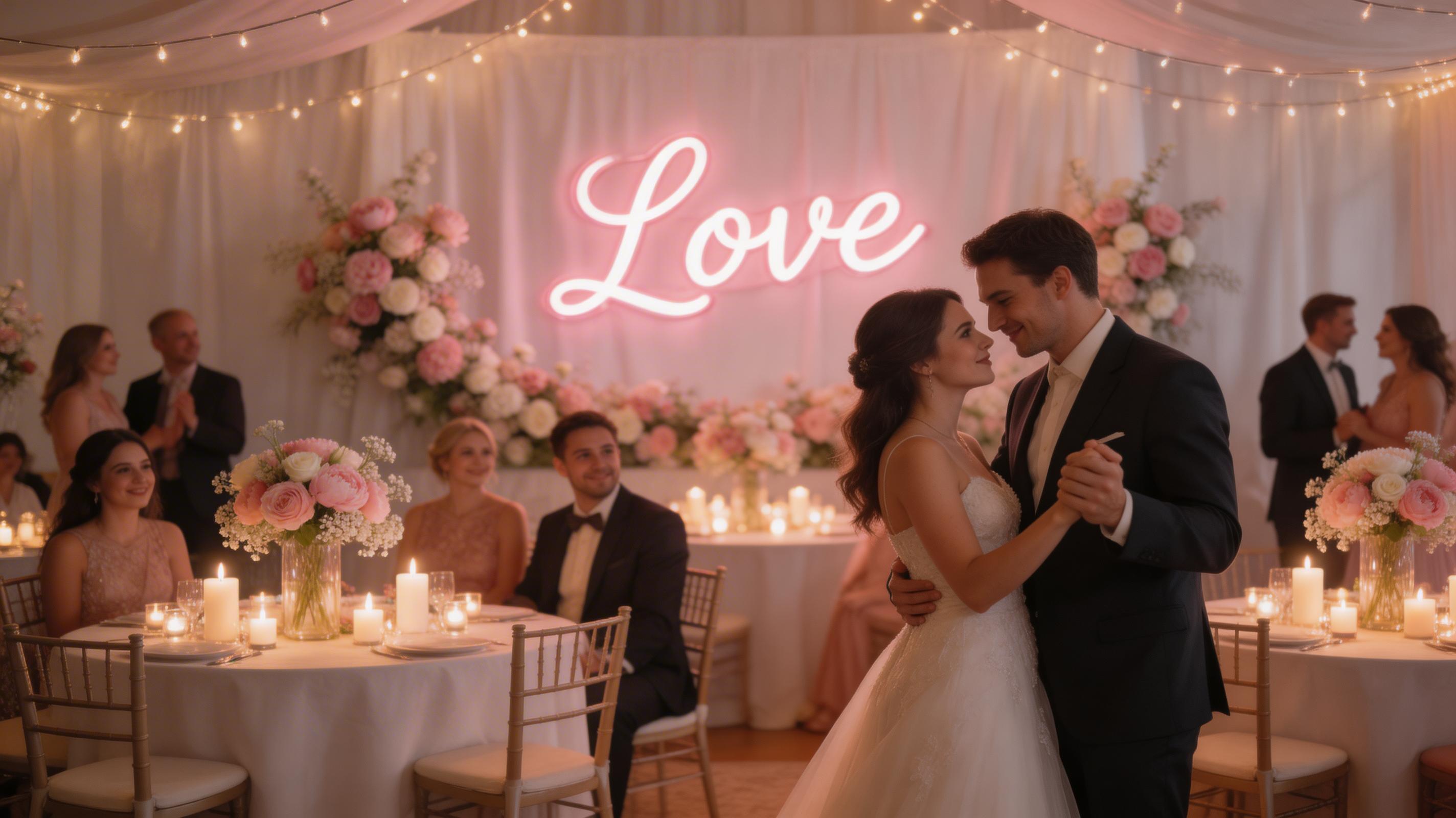 Romantic wedding reception with neon sign