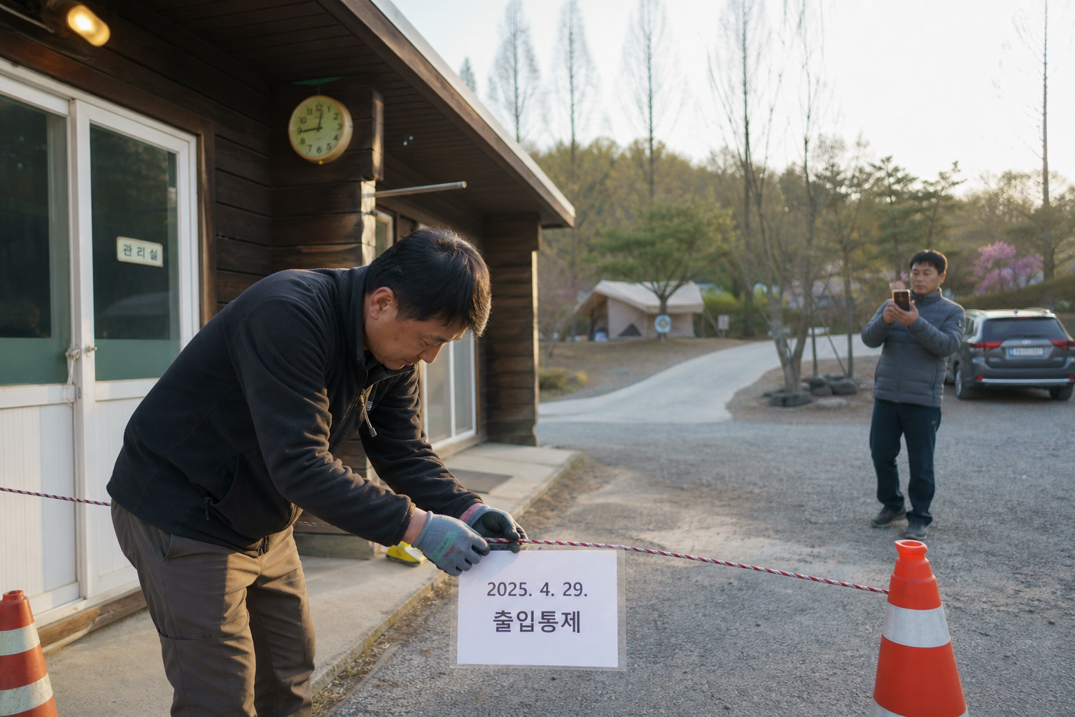캠핑장 운영 중단 공지와 이용 지역 자료를 보관하는 장면