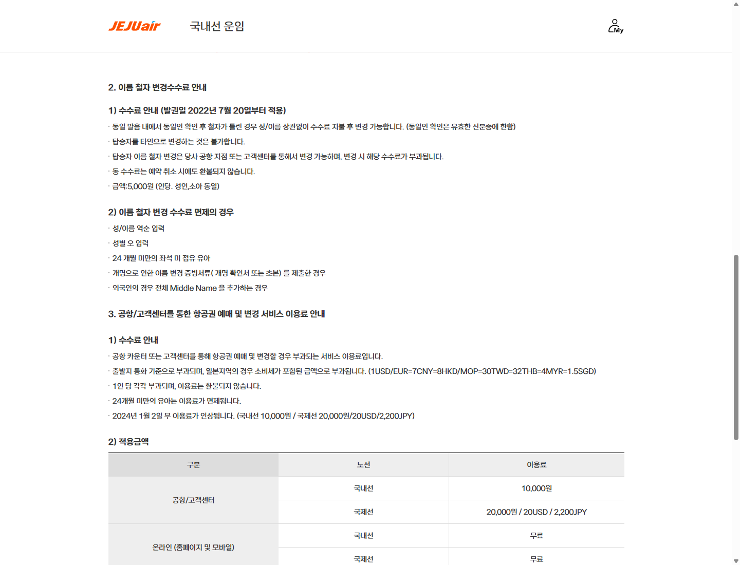 제주항공 국내선 이름 철자 정정의 인당 5,000원과 수수료 면제 조건
