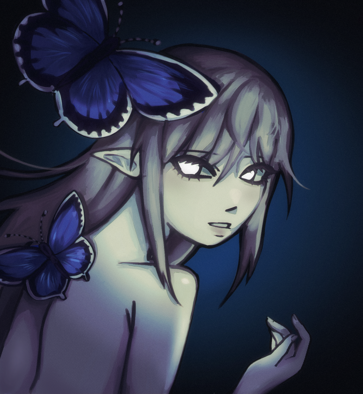 feb 19, a dark and mysterious elf with glowing eyes and a storm of butterflies