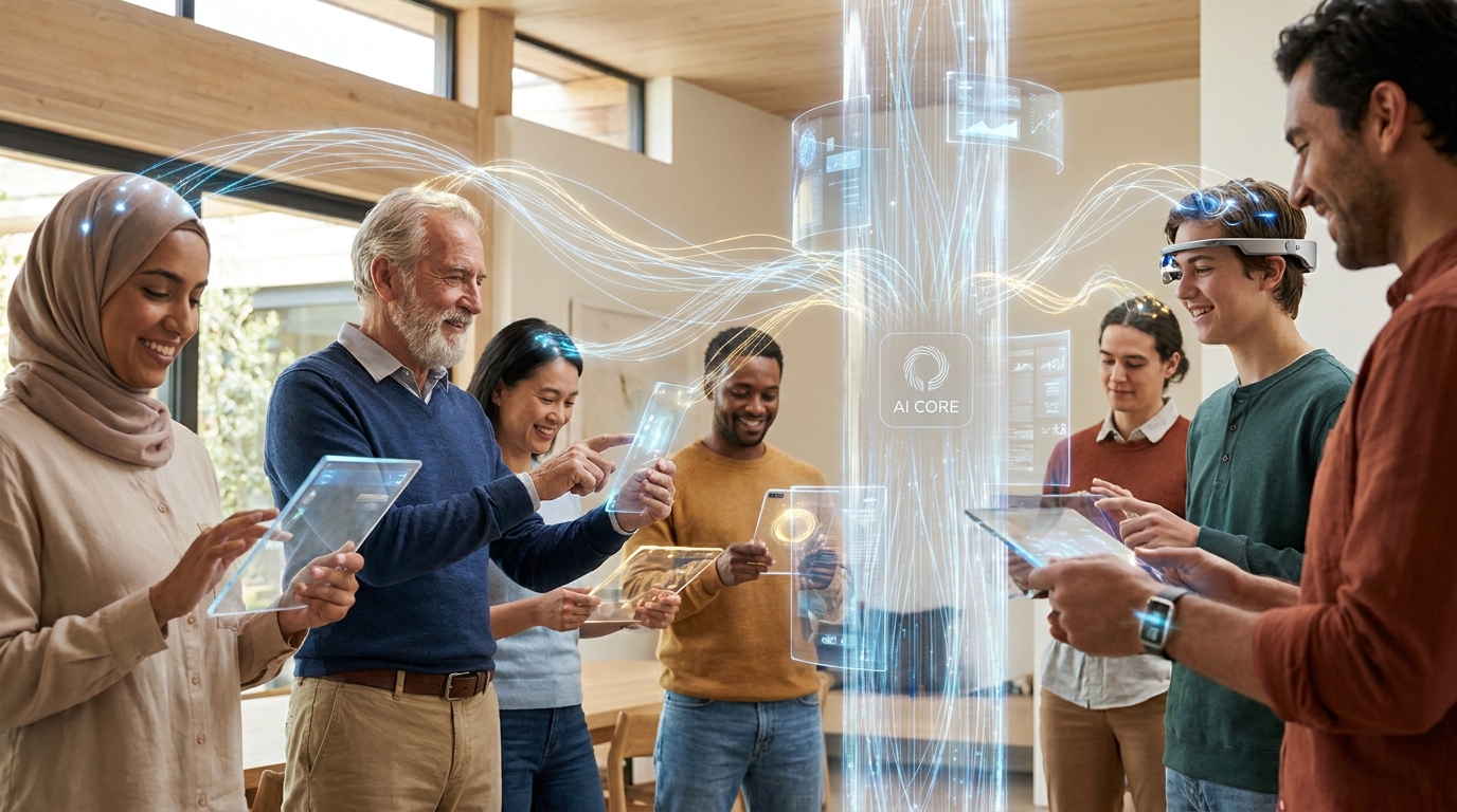 Diverse people interacting with AI, showing seamless communication in localized contexts thanks to models like Falcon-Emirati-7B.
