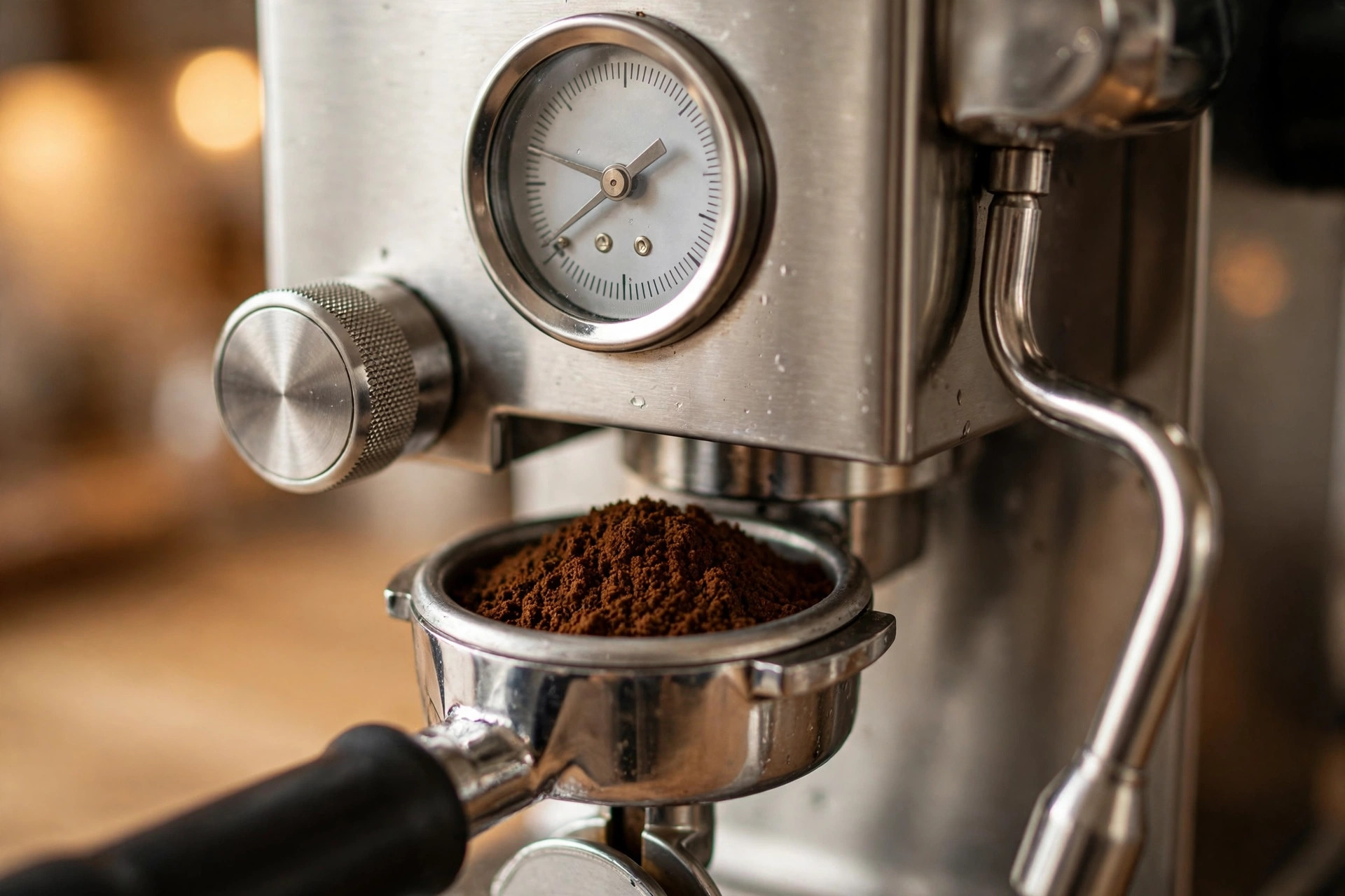 Close-up of the Breville Barista Express pressure gauge and portafilter with ground coffee