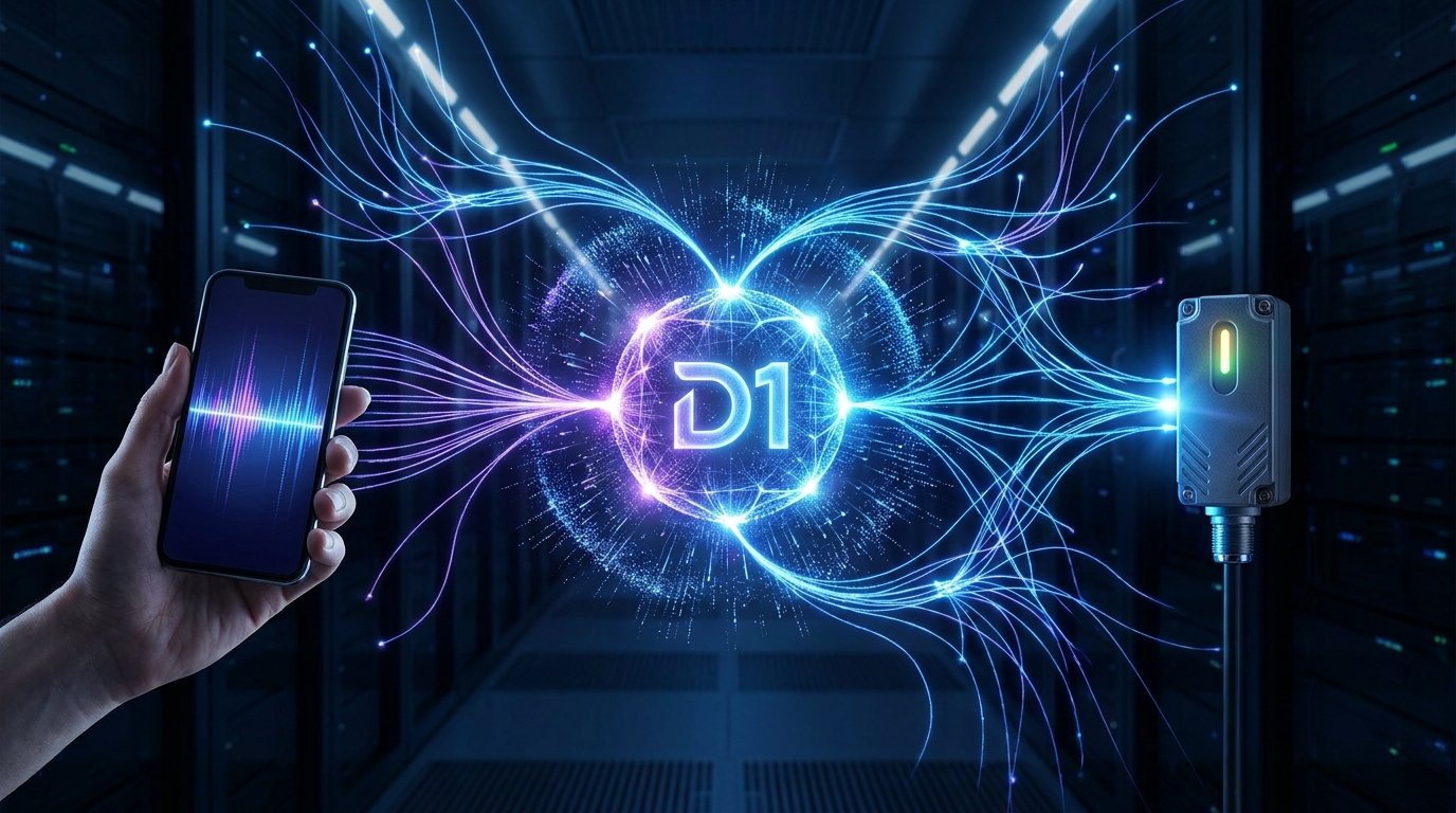 Diagram showing data from smartphone and sensor flowing into a central D1 core, representing Liquid AI's d1 decision models processing multimodal input.
