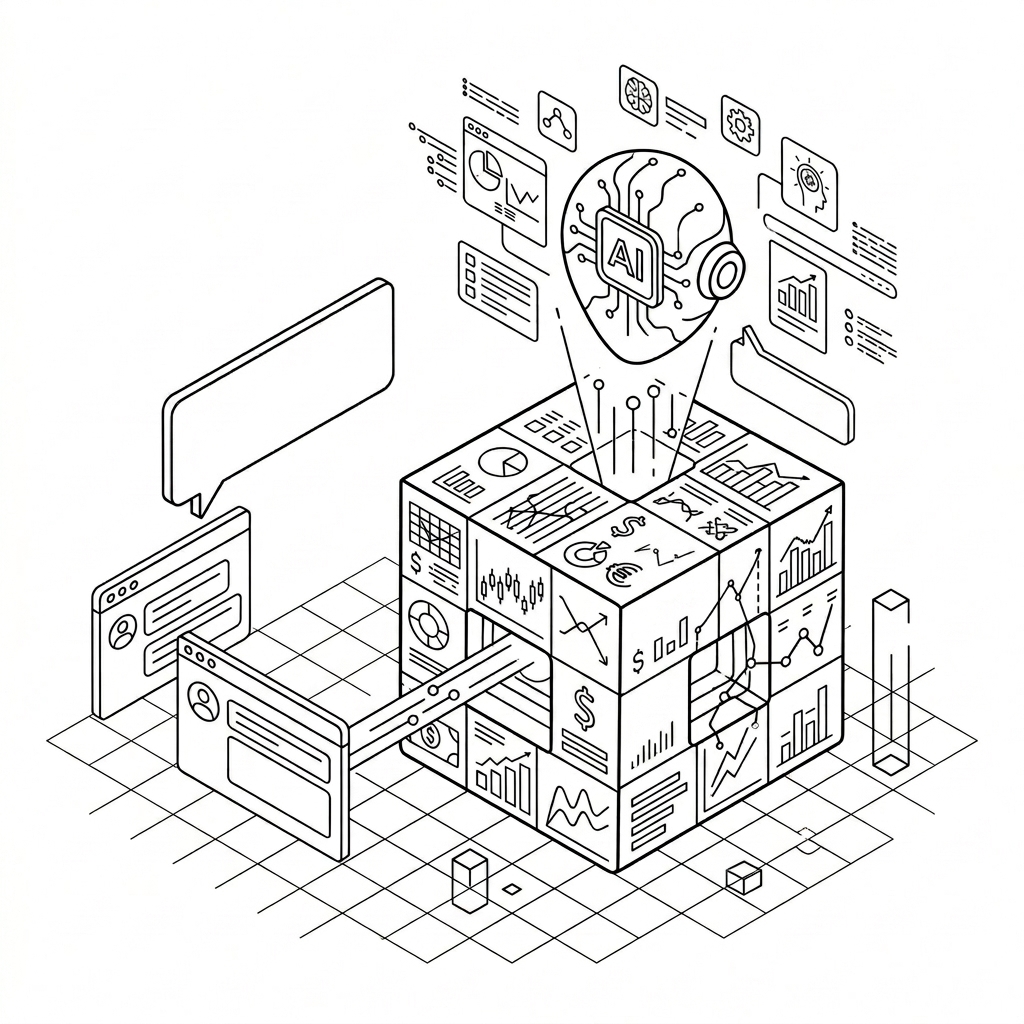 3d vector isometric illustration of a natural language AI agent over a financial data cube, black and white line art