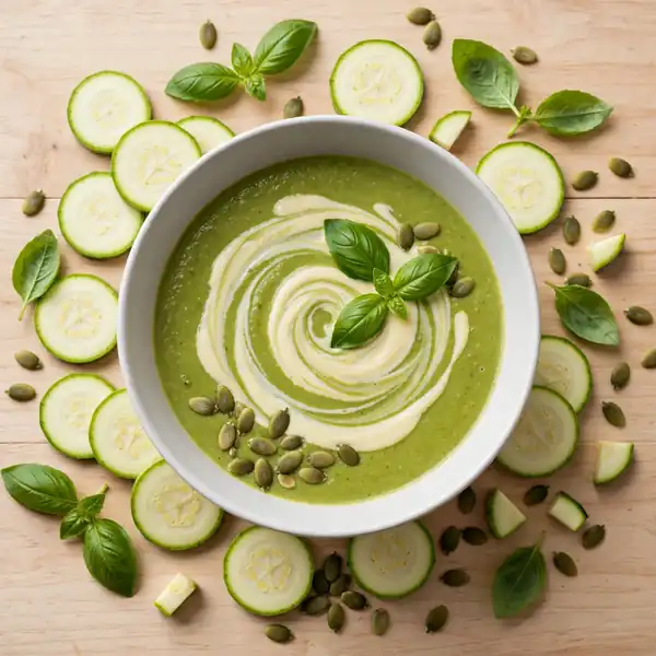 Velouté de courgettes et basilic onctueux avec swirl de crème, graines de courge et basilic frais - DietNutriZen 25 min