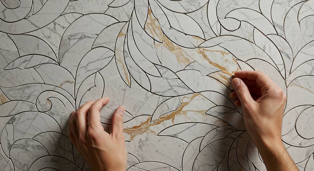 Artisan's hands carefully assembling hand-cut marble tesserae into a complex geometric mosaic pattern for a luxury Art Deco spa floor.
