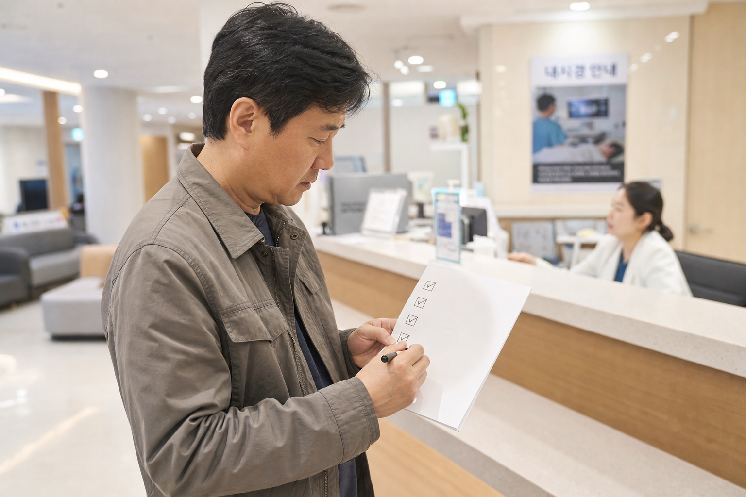 수면 대장내시경 예약 전에 수면비 장정결제 조직검사 용종절제 비용을 나눠 확인하는 장면