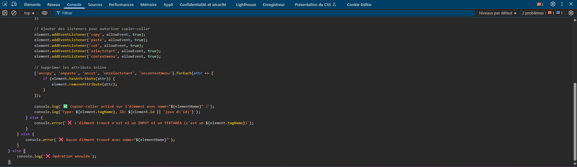 Code pasted in console Code pasted in console