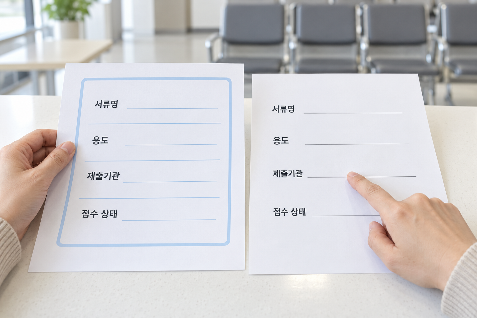 발급된 서류의 기재사항과 제출기관의 접수 상태를 따로 확인하는 설명 장면