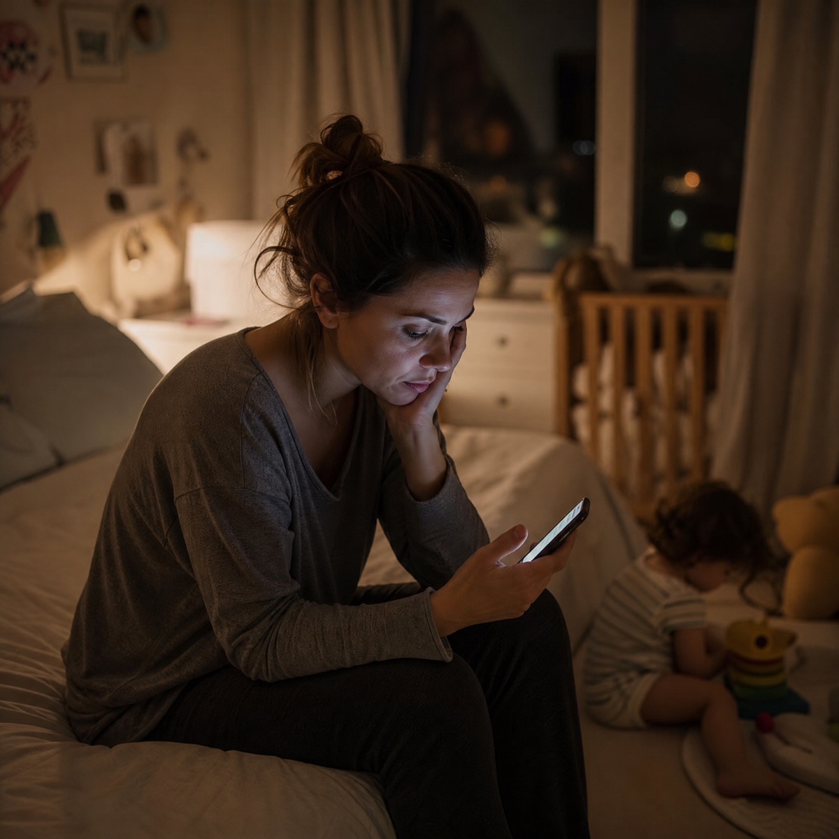 A worried mom at 11pm, the milestone chart open on her phone