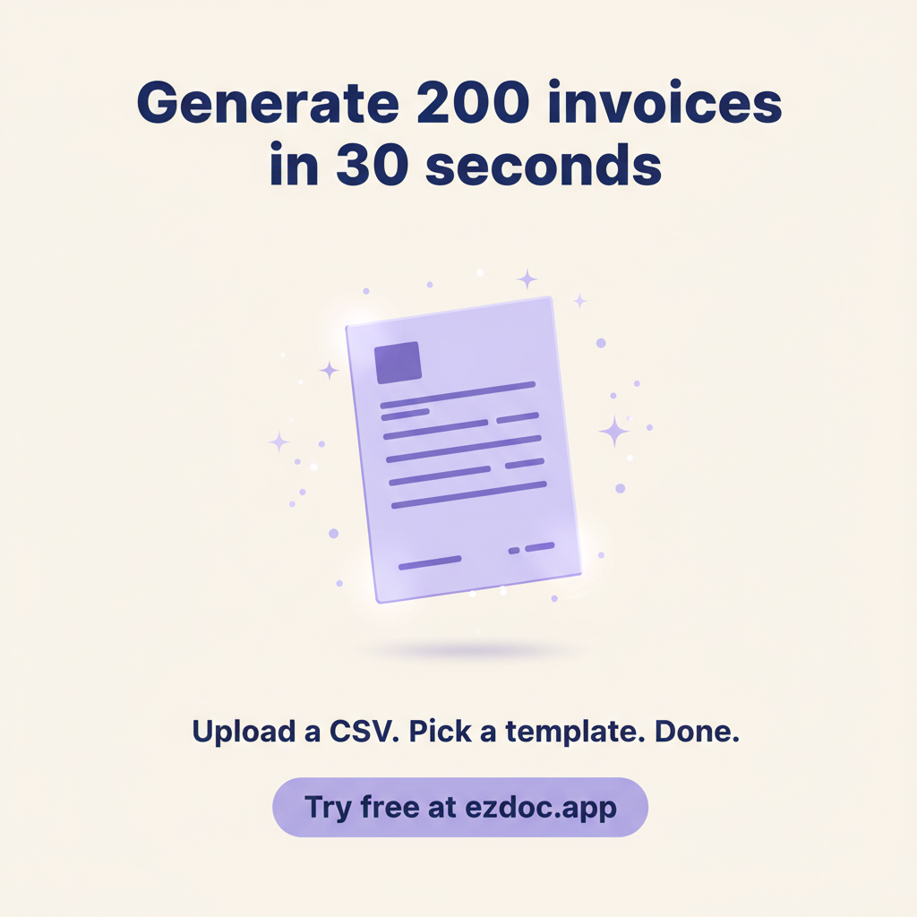 Sample AI-generated Instagram ad showing "Generate 200 invoices in 30 seconds" headline with floating invoice document