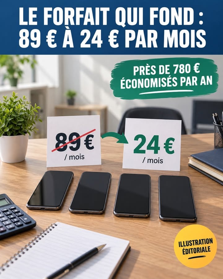 Deux cartes affichant 89 € barré et 24 € sur un bureau avec quatre téléphones, un calculateur, un carnet et une plante.