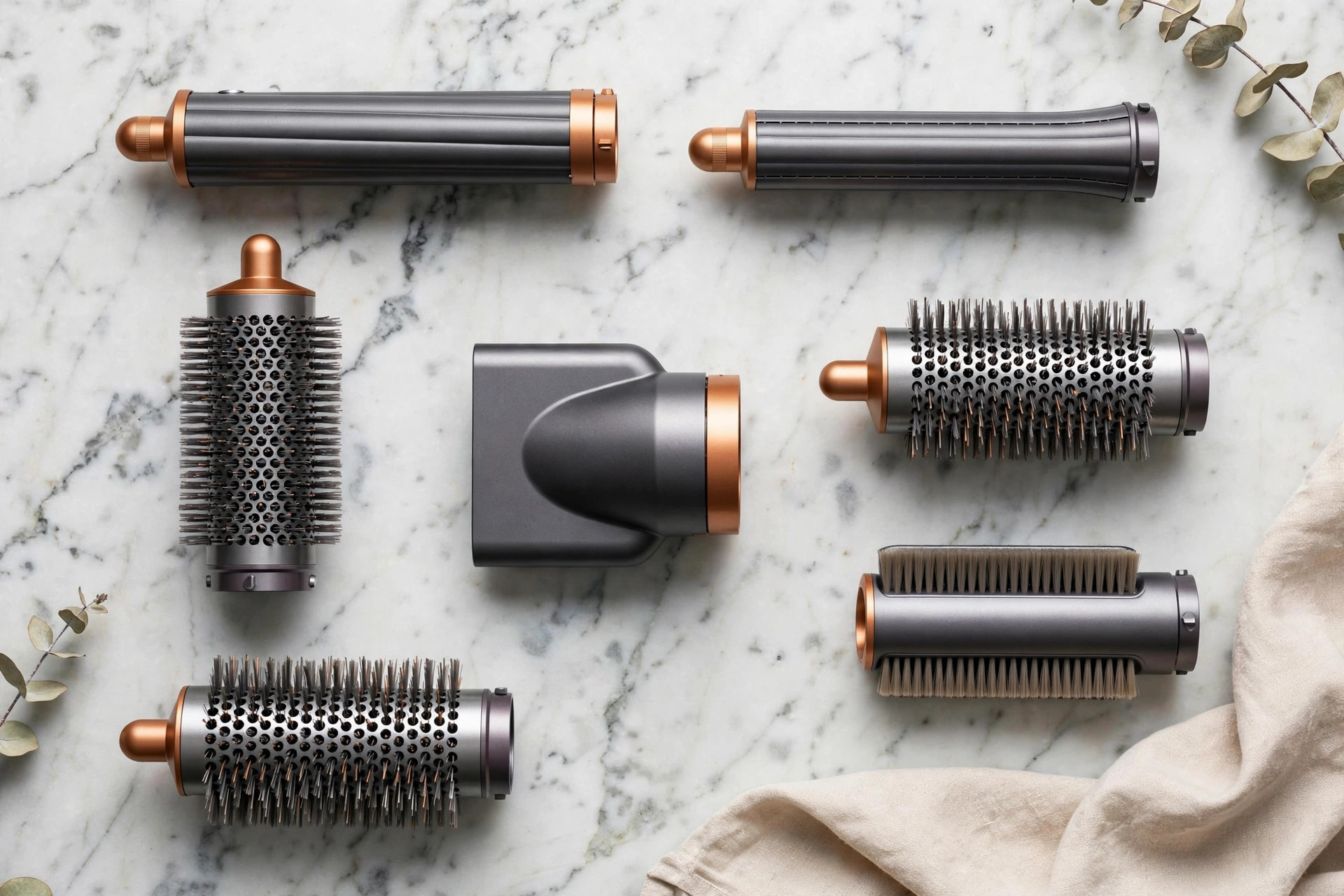 Dyson Airwrap curling barrels, smoothing brushes and dryer attachments arranged on marble