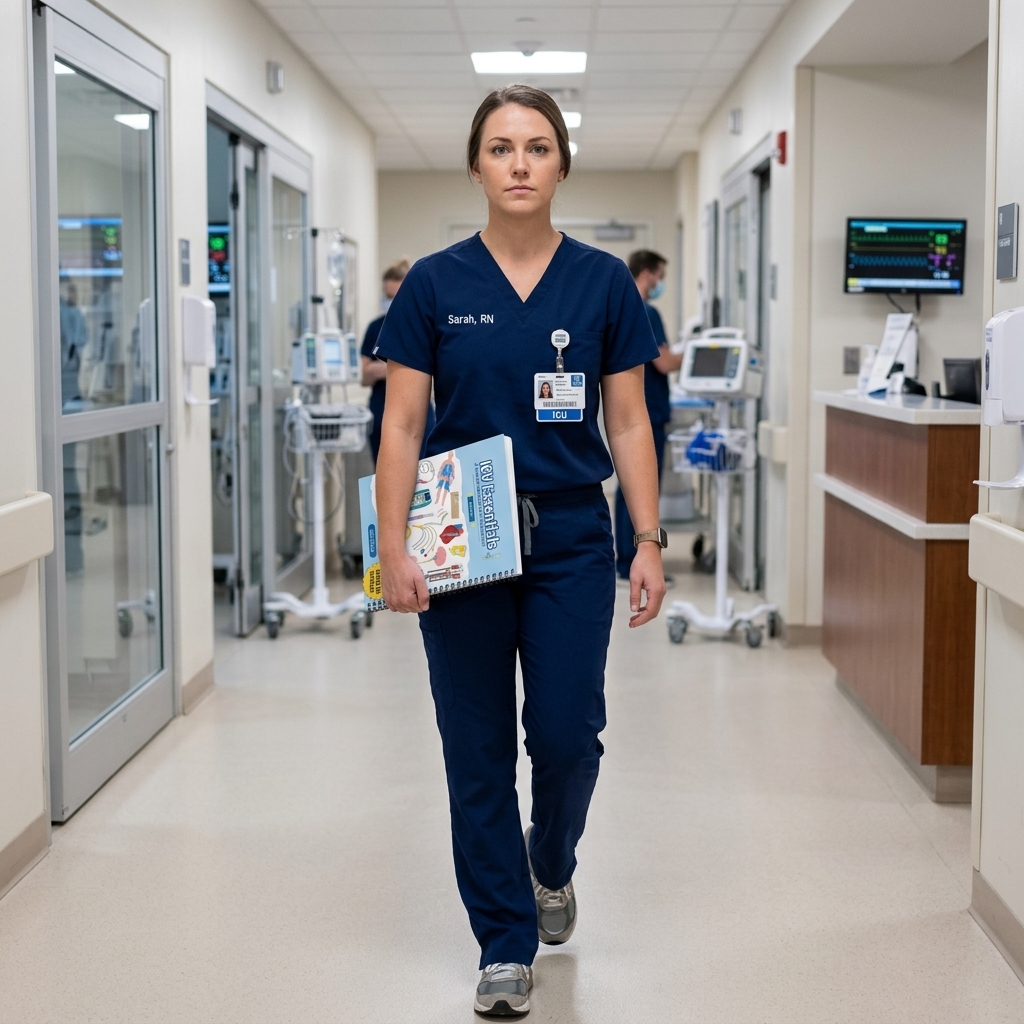Determined ICU nurse carrying ICU Essentials book
