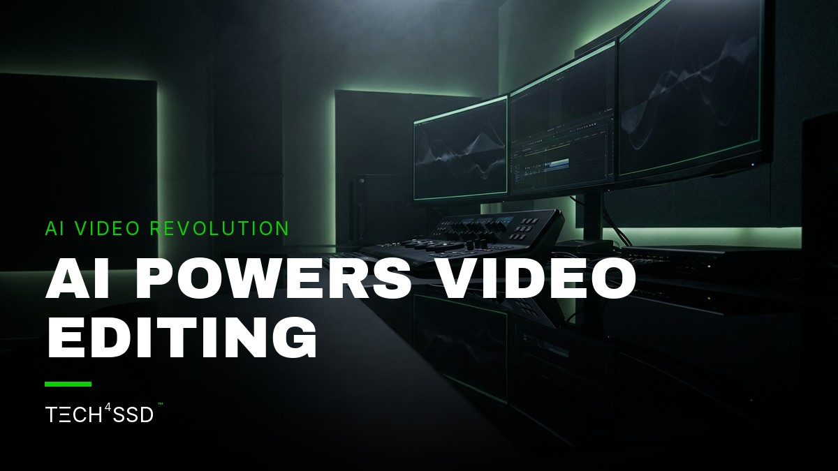 A futuristic video editing suite with a glowing GPT-6 Astra logo integrated into the timeline, symbolizing multimodal AI video editing automation.