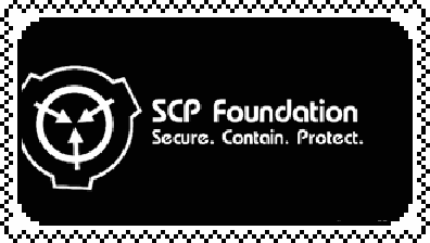 Stamp with white border that displays a graphic of the SCP-foundation logo next to a large text that says SCP foundation, and a smaller text under the large text saying Secure. Contain. Protect