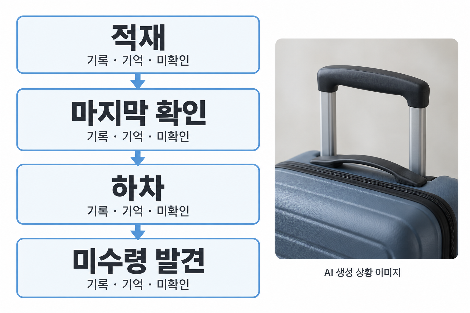 가방 이동기록을 네 큰 단계로: 적재 / 마지막 확인 / 하차 / 미수령 발견. 각 단계 아래 기록·기억·미확인을 구분한다는 한 줄만. 빈 체크박스 여럿을 없애고 여행가방 손잡이 근접사진을 옆에 배치. 실제 분실사진·확인된시각·수색결과 금지.