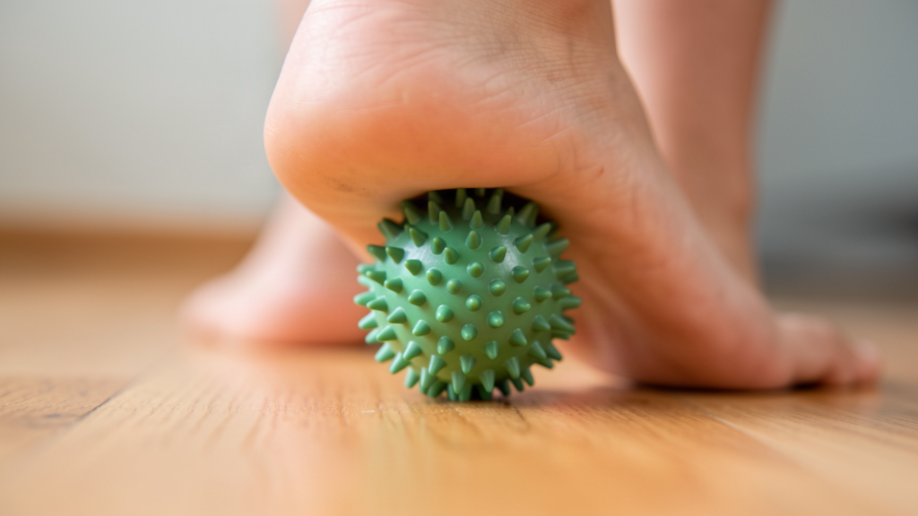 lacrosse ball and spiky massage ball being used under a bare foot
