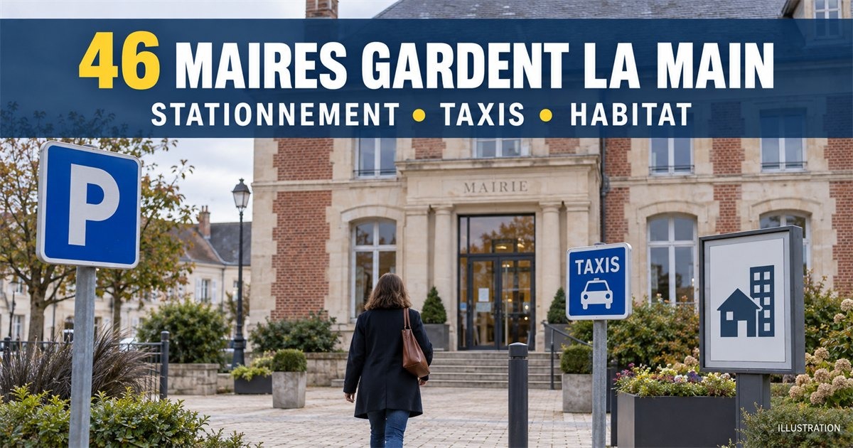 Une femme marche vers une mairie en brique, entourée de panneaux indiquant stationnement, taxis et habitat.