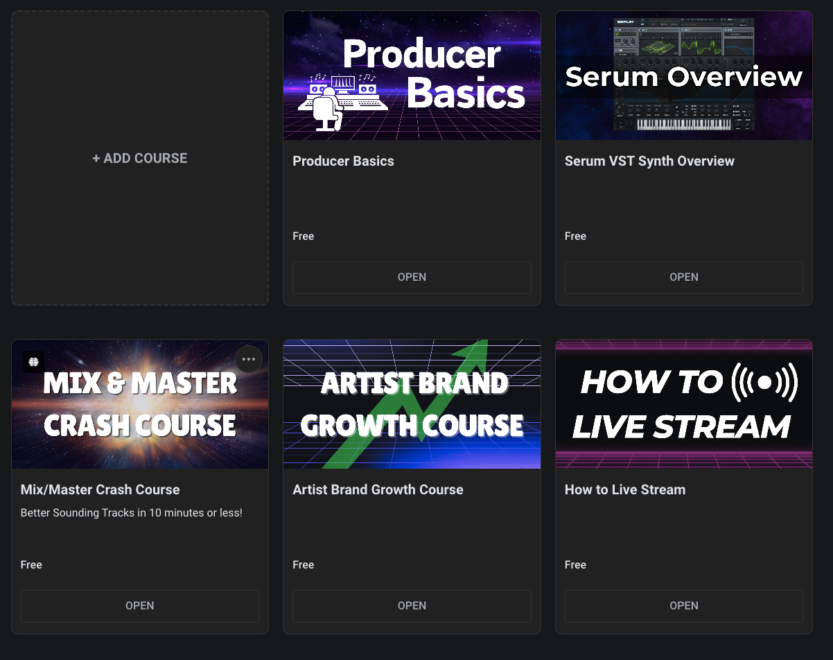 Artist Fast Track course library inside the community: Producer Basics, Serum Overview, Artist Brand Growth