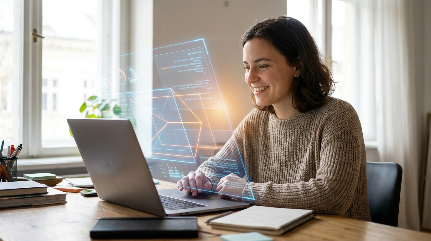 A person using a laptop with AI code visualizations, representing accessible AI development with Gemini 3.6 Flash for creators and small businesses.
