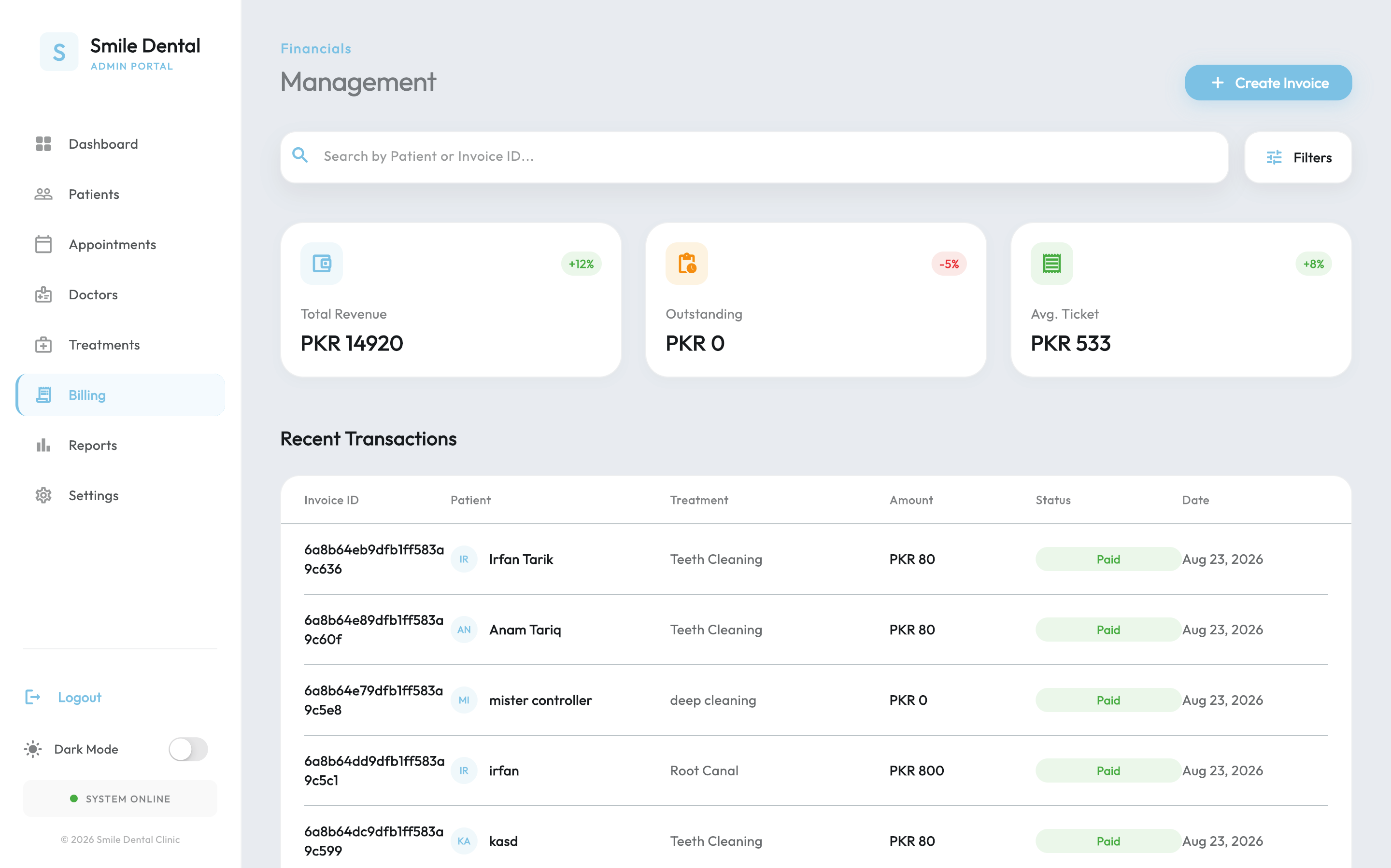 Admin Panel Dental Treatment Catalog and Procedure Pricing