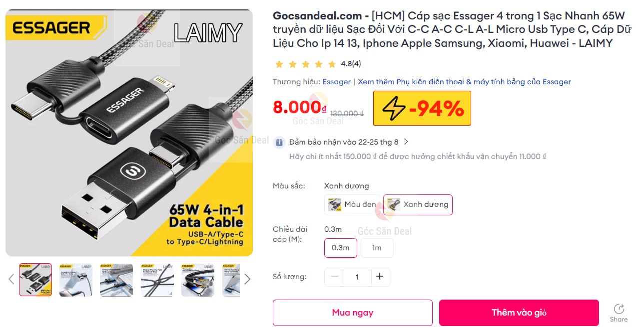 [HCM] Cáp sạc Essager 4 trong 1 Sạc Nhanh 65W truyền dữ liệu Sạc Đối Với C-C A-C C-L A-L Micro Usb Type C, Cáp Dữ Liệu Cho Ip 14 13, Iphone Apple Samsung, Xiaomi, Huawei  - LAIMY