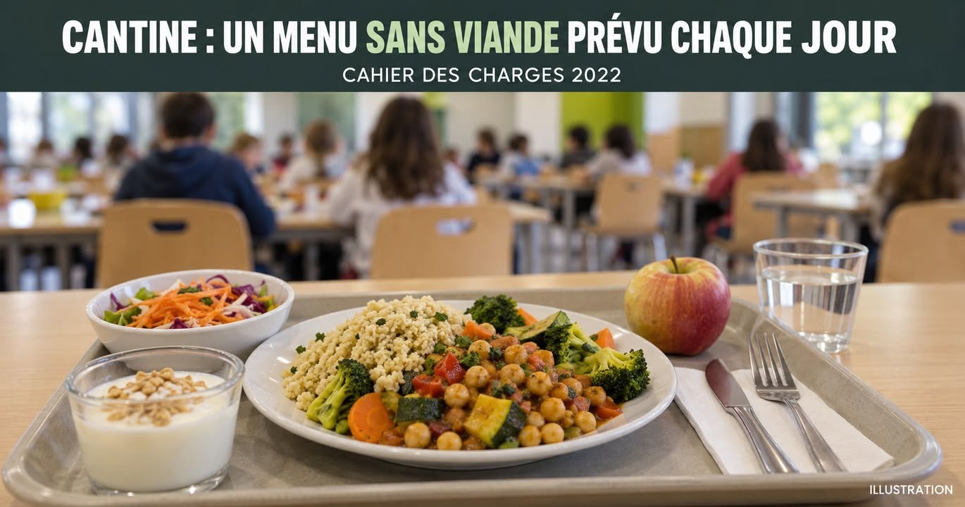 Une assiette de quinoa, légumes et pois chiches, une salade, une pomme, un yaourt et un verre d'eau sur un plateau, avec des élèves au fond.