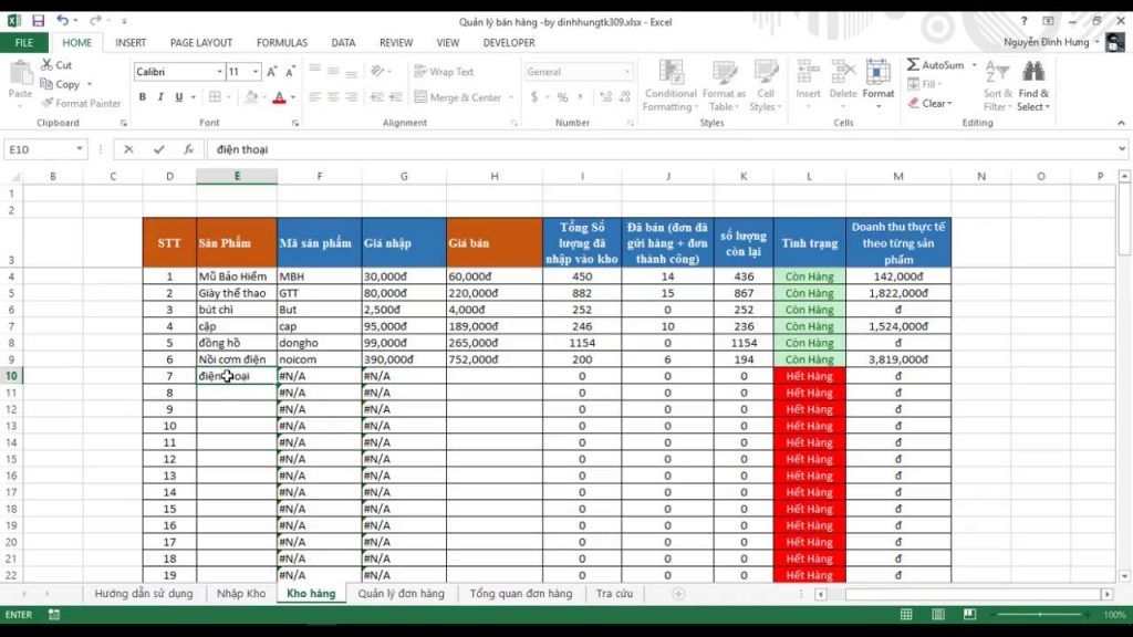Cách quản lý đơn hàng trên excel
