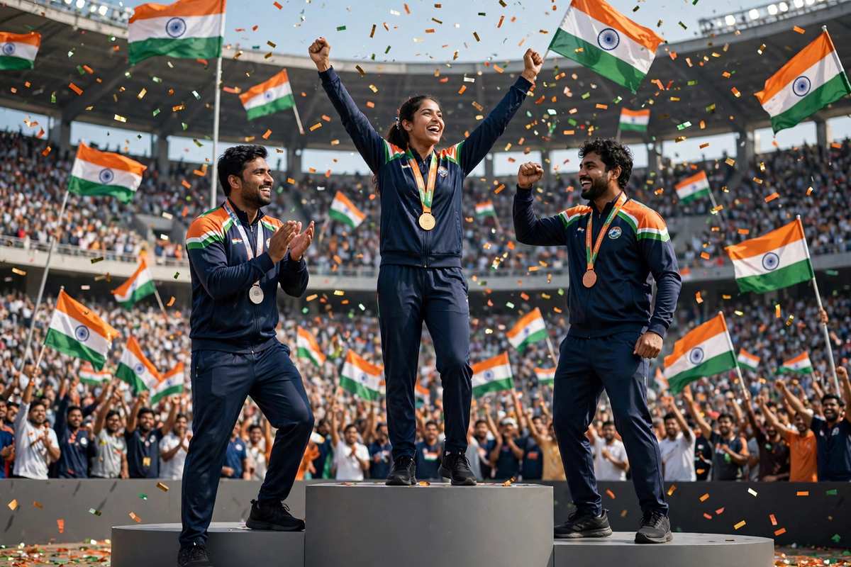 स्टेडियम में पदक जीतकर जश्न मनाते भारतीय खिलाड़ी, पीछे तिरंगा लहराता हुआ