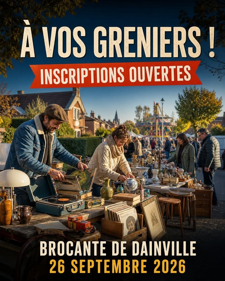Un homme et une femme parcourent des tables de brocante garnies d'objets vintage, de disques et de vases, devant un manège coloré.