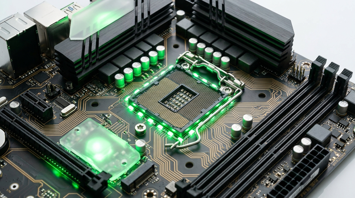 Close-up of a modern computer motherboard with glowing CPU socket, illustrating Windows 11 26H2 hardware requirements.