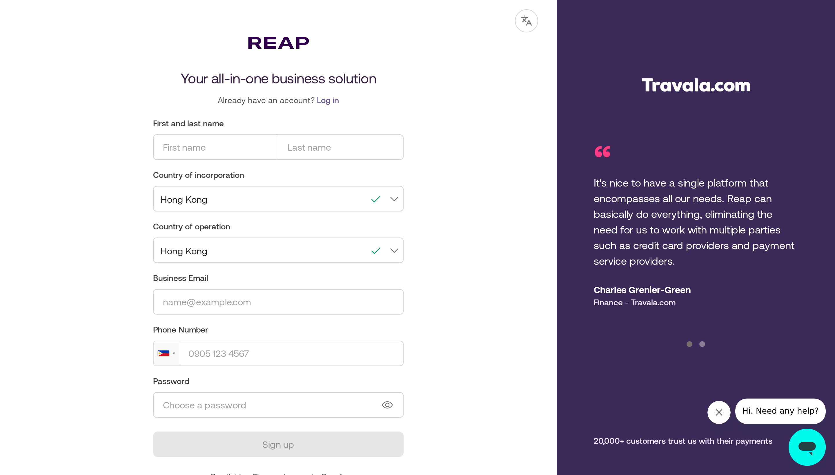 The Reap sign-up page showing the registration form on the left and a customer testimonial panel on the right