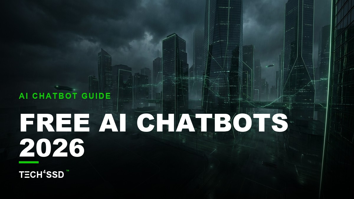 Futuristic cityscape at night with glowing data streams, symbolizing the power of free AI chatbots