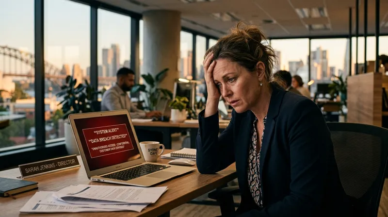 Business owner facing Data Breach Lawsuits Australia stressing over a laptop with red alert