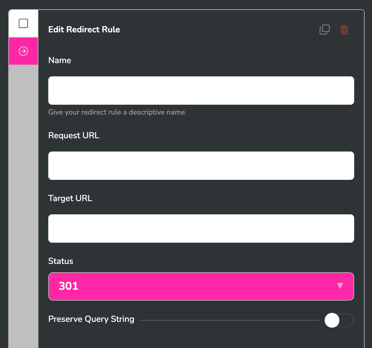 StoryPress redirect rule editor showing Name, Request URL, Target URL, Status 301, and Preserve Query String fields