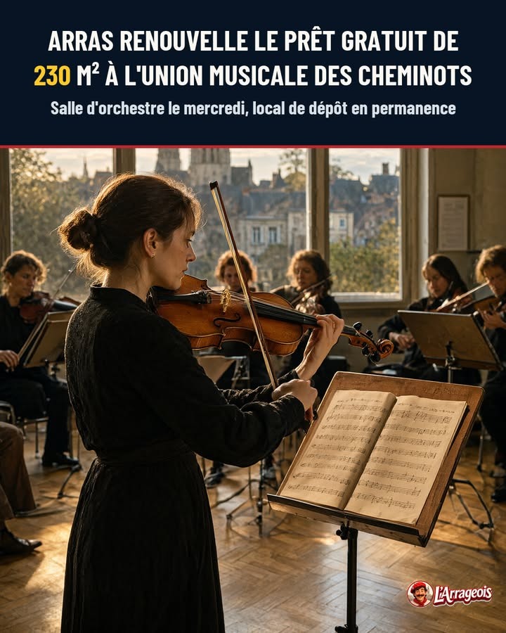 Une femme en robe noire joue du violon devant un pupitre de partition, dans une salle d'orchestre où d'autres musiciens sont assis près de grandes fenêtres.