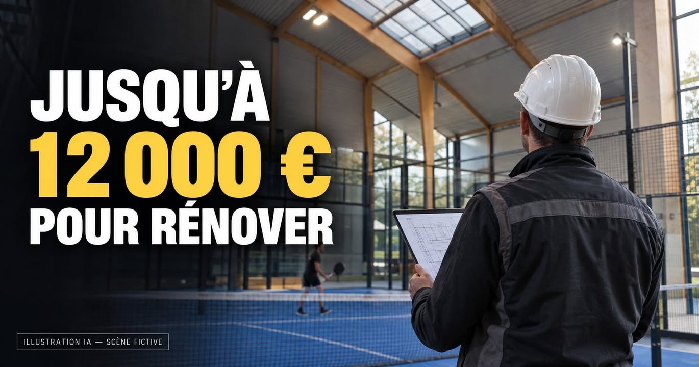 Un homme casqué tient un plan technique devant un court de tennis intérieur, avec une joueuse au loin.