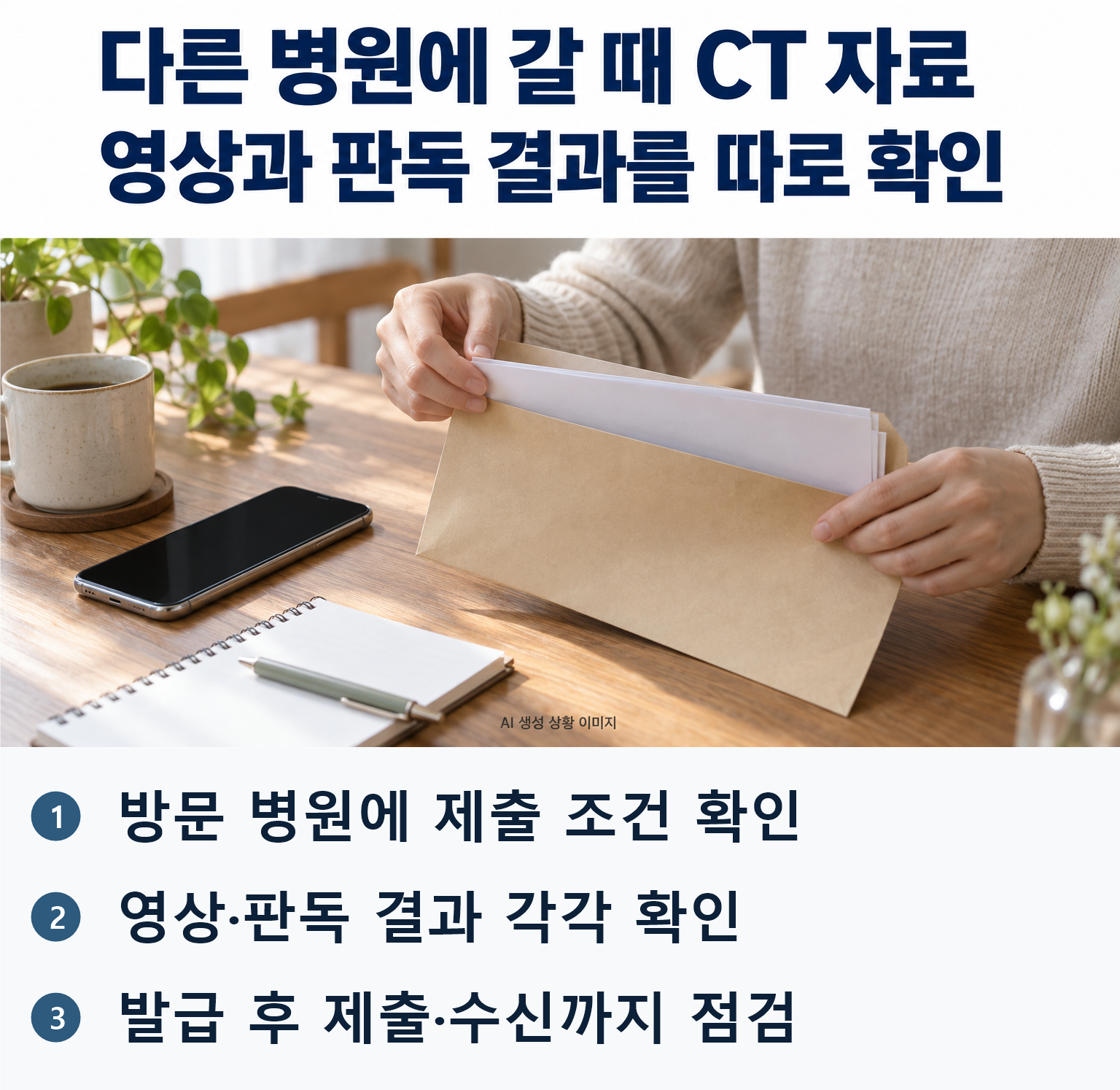 AI 생성 상황 이미지: 조용한 집 테이블에서 성인이 무지 자료봉투와 꺼진 전화, 모형 준비 메모를 확인하는 사진. 병원명·환자정보·실제 판독지·CT영상·접수완료·의료인 진단 연출 없음. 핵심 결론: 방문 병원에 제출 조건 확인 / 영상·판독 결과 각각 확인 / 발급 후 제출·수신까지 점검