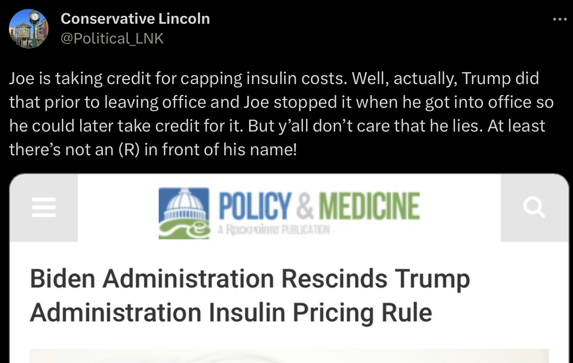 click link to wayback machine capture of tweet complaining and posting a screenshot of "Biden Admin Rescinds Trump Admin Insulin Pricing Rule" article