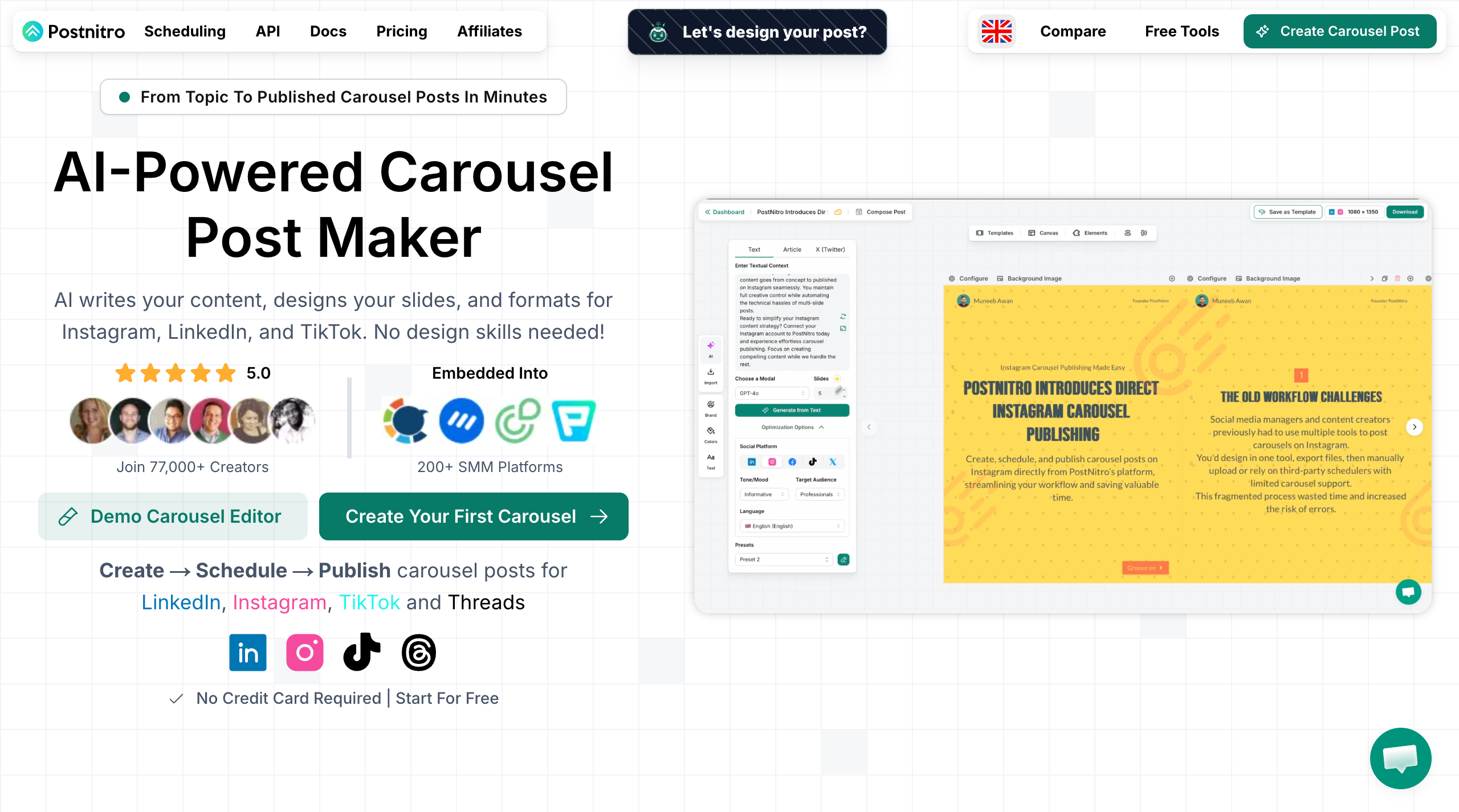 PostNitro AI-Powered Carousel Post Maker homepage showing the editor and platform icons for Instagram, LinkedIn, TikTok, and Threads