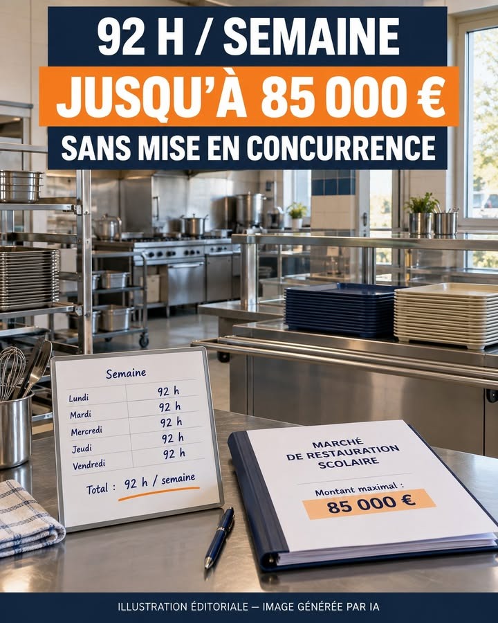 Une cuisine professionnelle avec des étals métalliques, des assiettes empilées, un tableau blanc indiquant 92 heures par semaine et un dossier intitulé Marché de restauration scolaire.