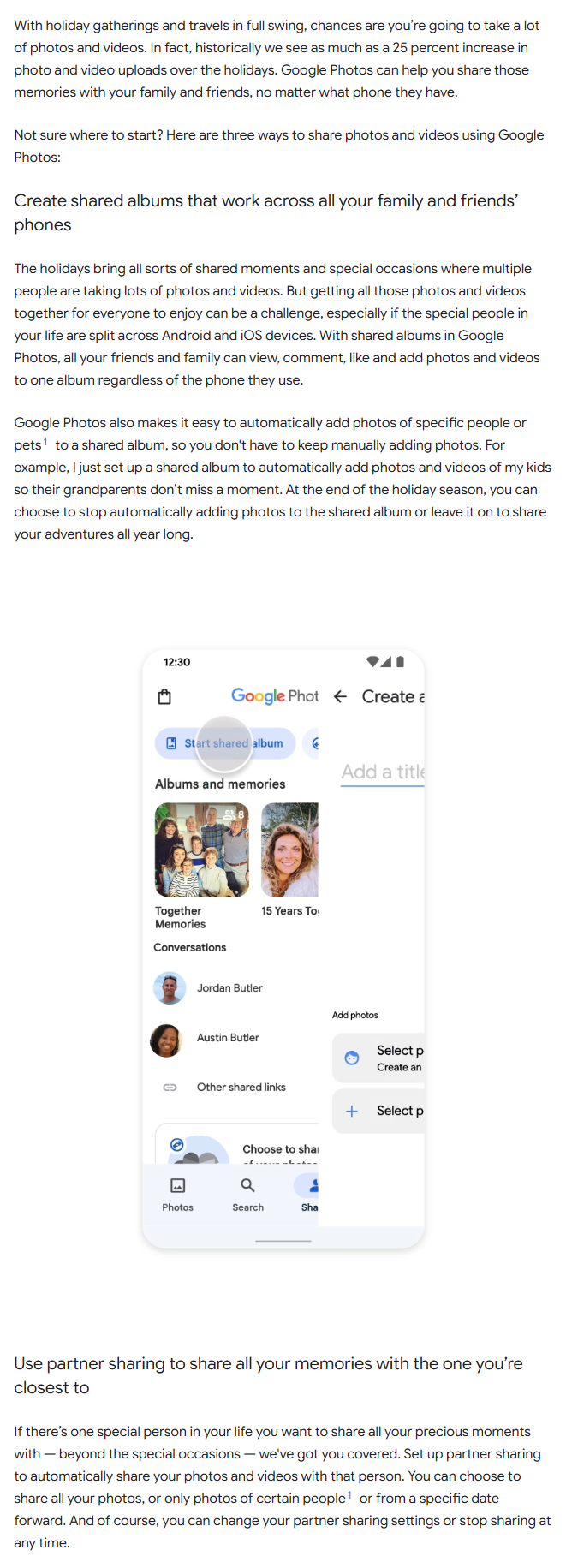 Google 공식 소개에서 공유 앨범과 파트너 공유의 용도를 나눠 설명한 부분