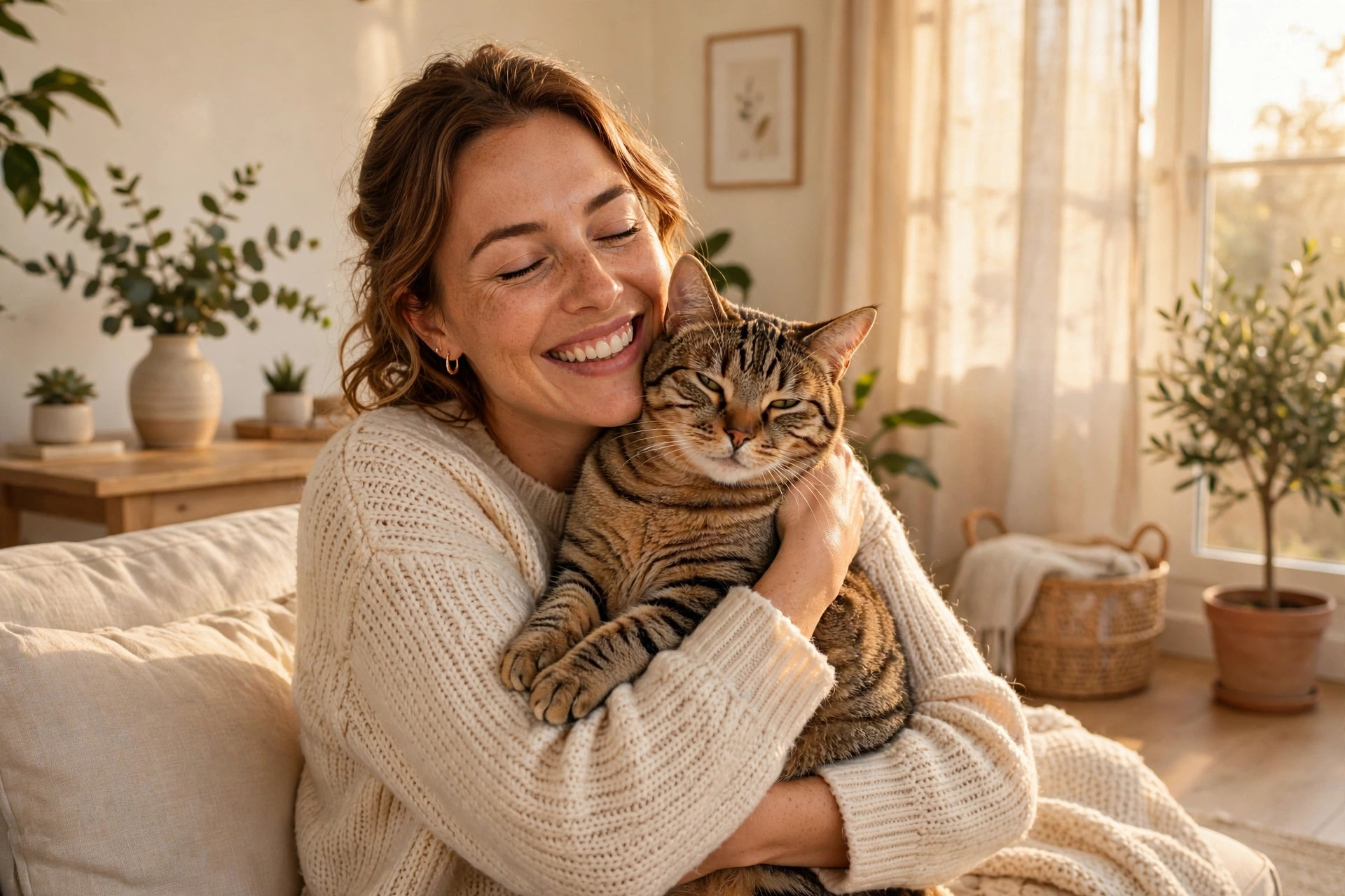 Cat Spray Stop review: joyful woman hugging her relaxed cat after ending spraying