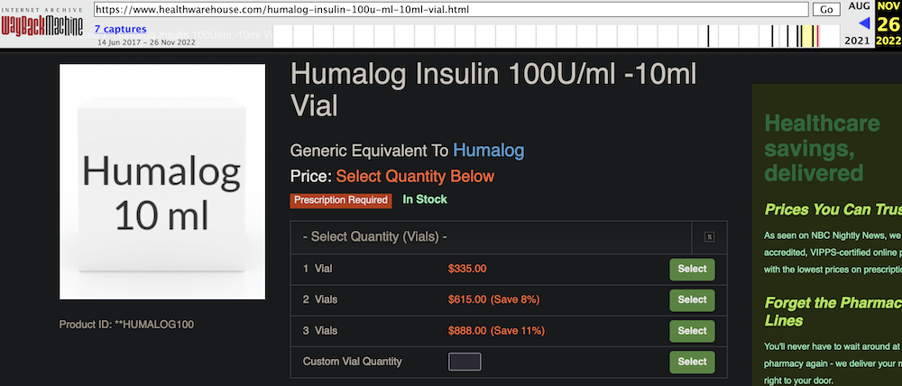 waybackmachine snapshot of online order form from healthwarehouse with insulin prices for August 2020 at $335