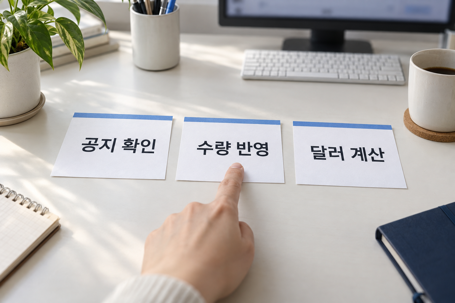 분할 공지와 수량 반영을 확인한 뒤 달러 평가금액을 비교하는 순서