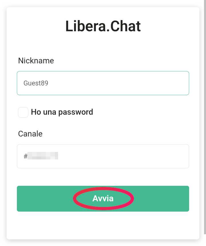 Screenshot della schermata di login di Libera Chat come la vede il destinatario, con evidenziato il pulsante Avvia