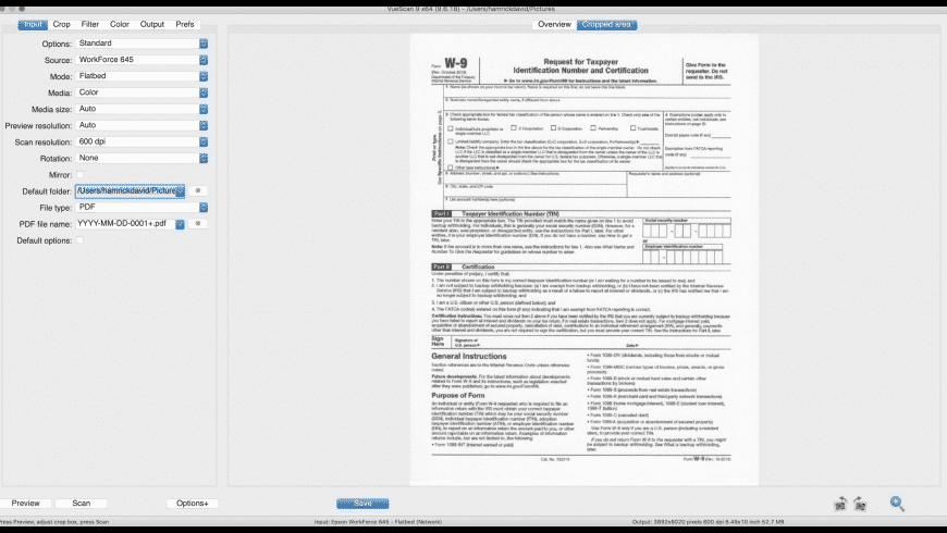 VueScan Mac — scan preview showing crop, color controls and film restoration options